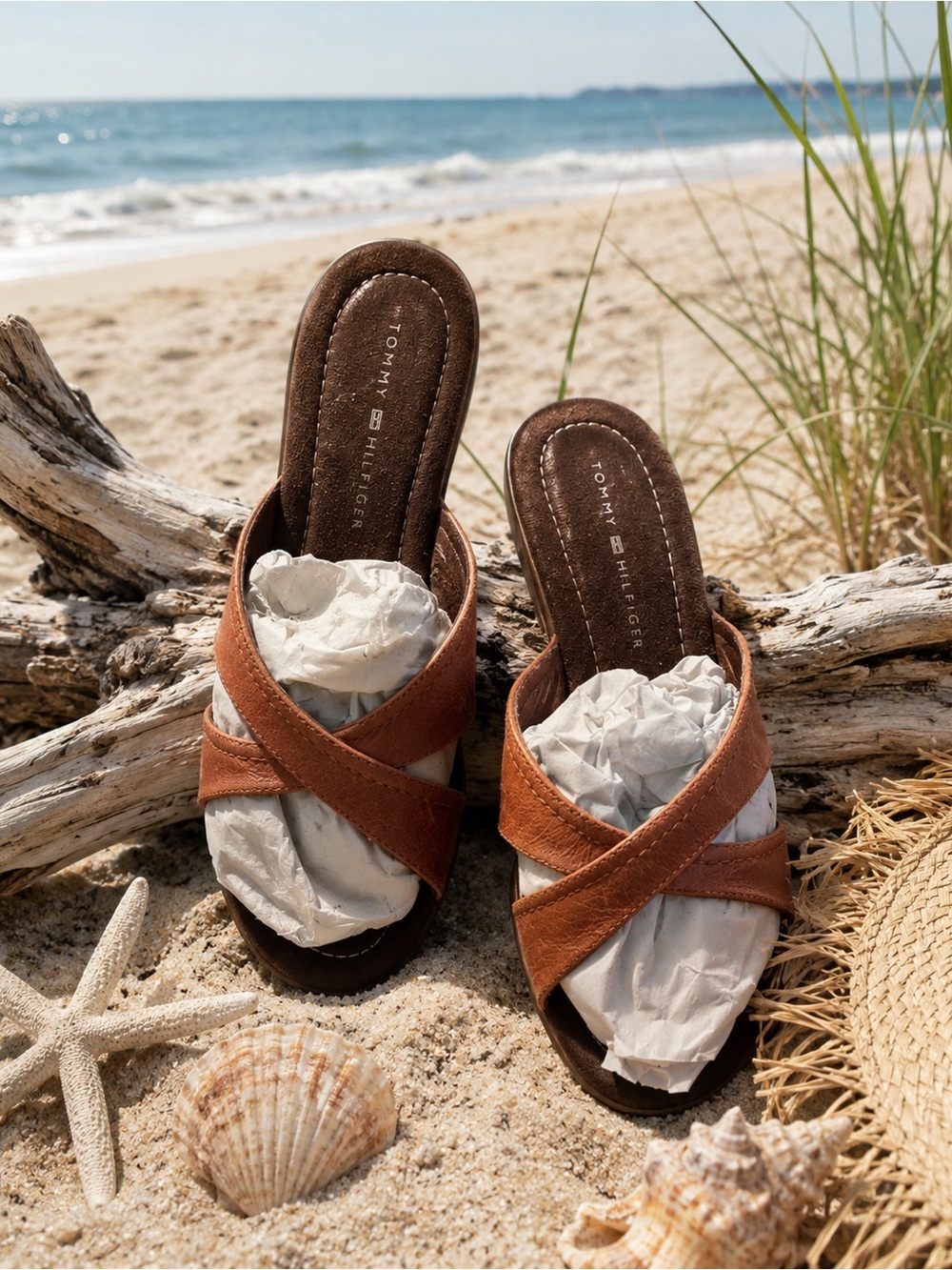 Tommy Hilfiger Women's Brown Leather Slide Sandalst
